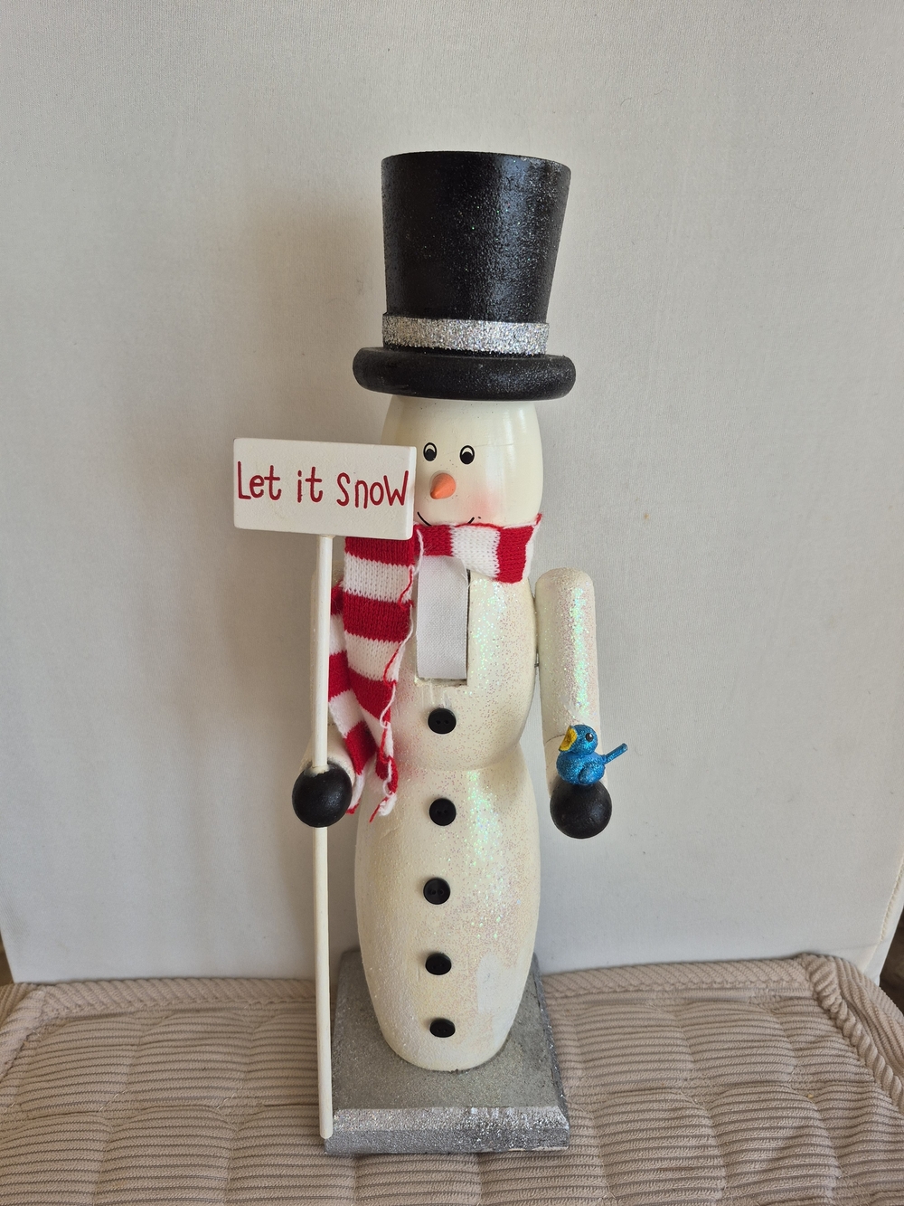 Festive White Snowman Holiday Nutcracker with Red Scarf